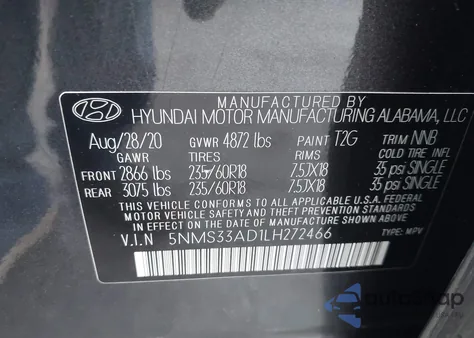 2020 Hyundai Santa Fe Sel from USA, damaged, VIN 5NMS33AD1LH272466